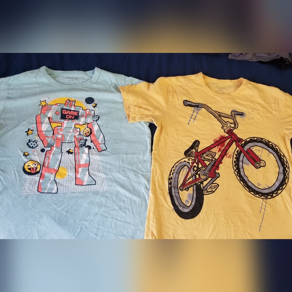 The Children's Place Blue Robot and Yellow Bicycle Tees